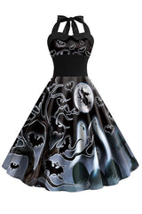 Blaues Vintage Kleid mit Halloween Drucken