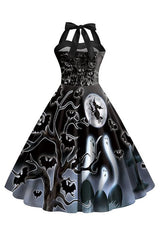 Blaues Vintage Kleid mit Halloween Drucken