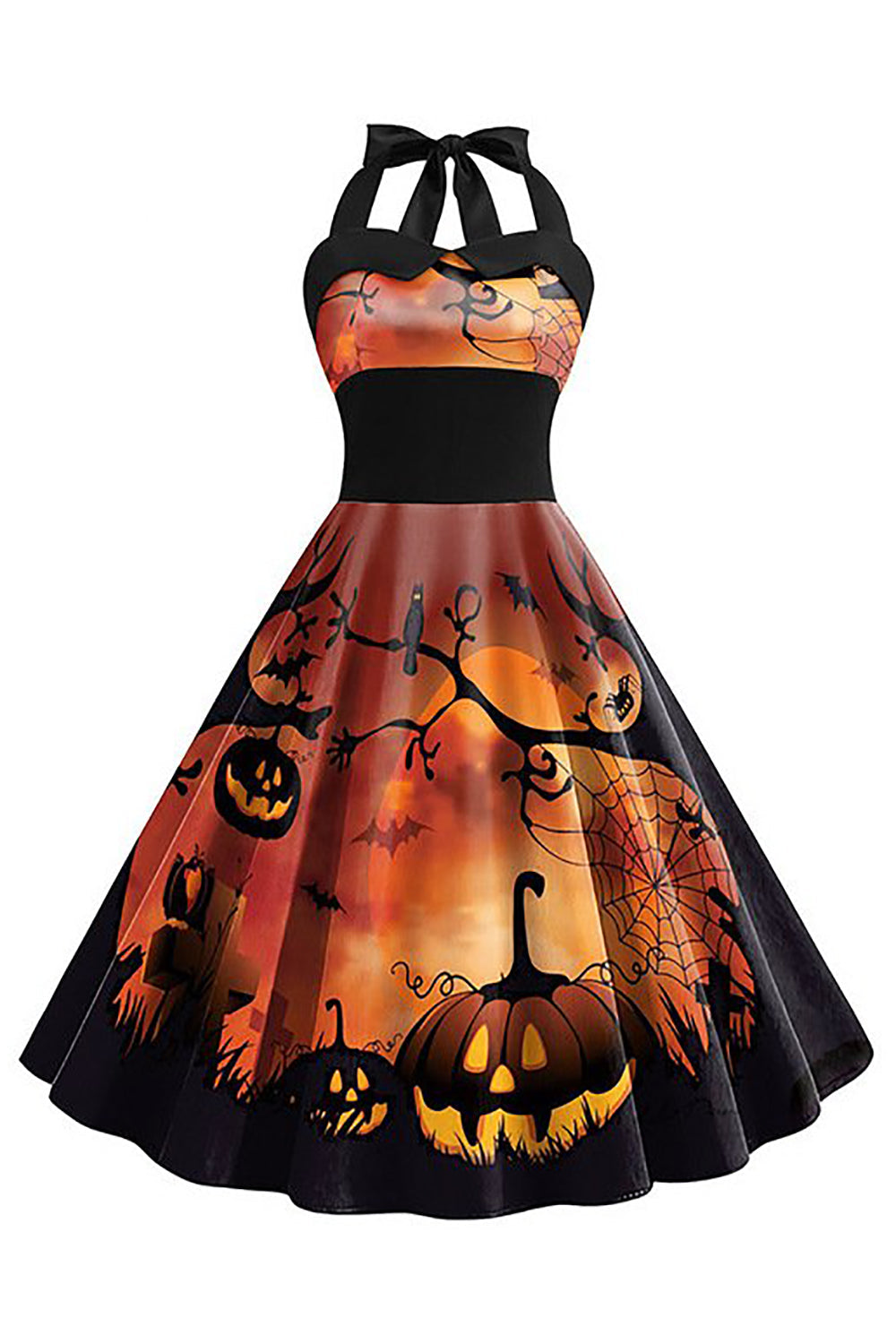 Blaues Vintage Kleid mit Halloween Drucken