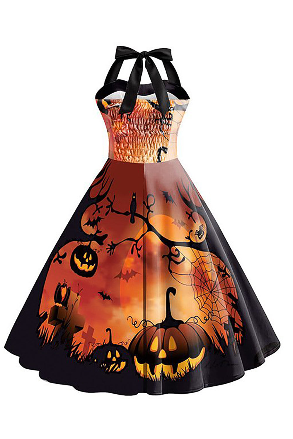 Blaues Vintage Kleid mit Halloween Drucken