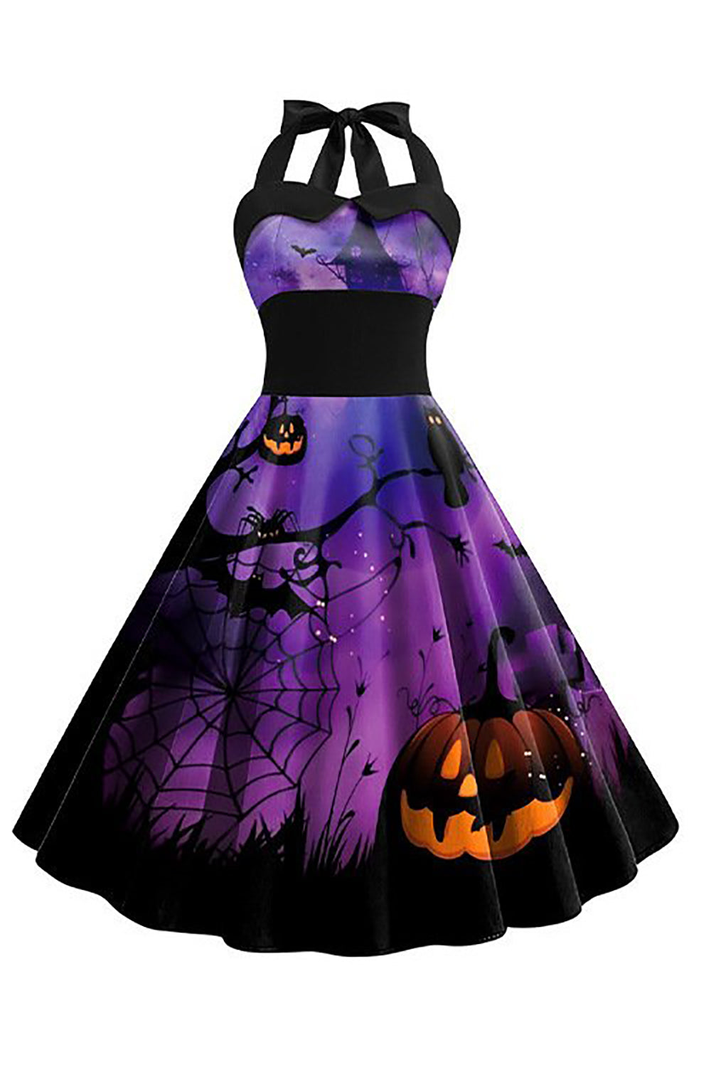 Blaues Vintage Kleid mit Halloween Drucken