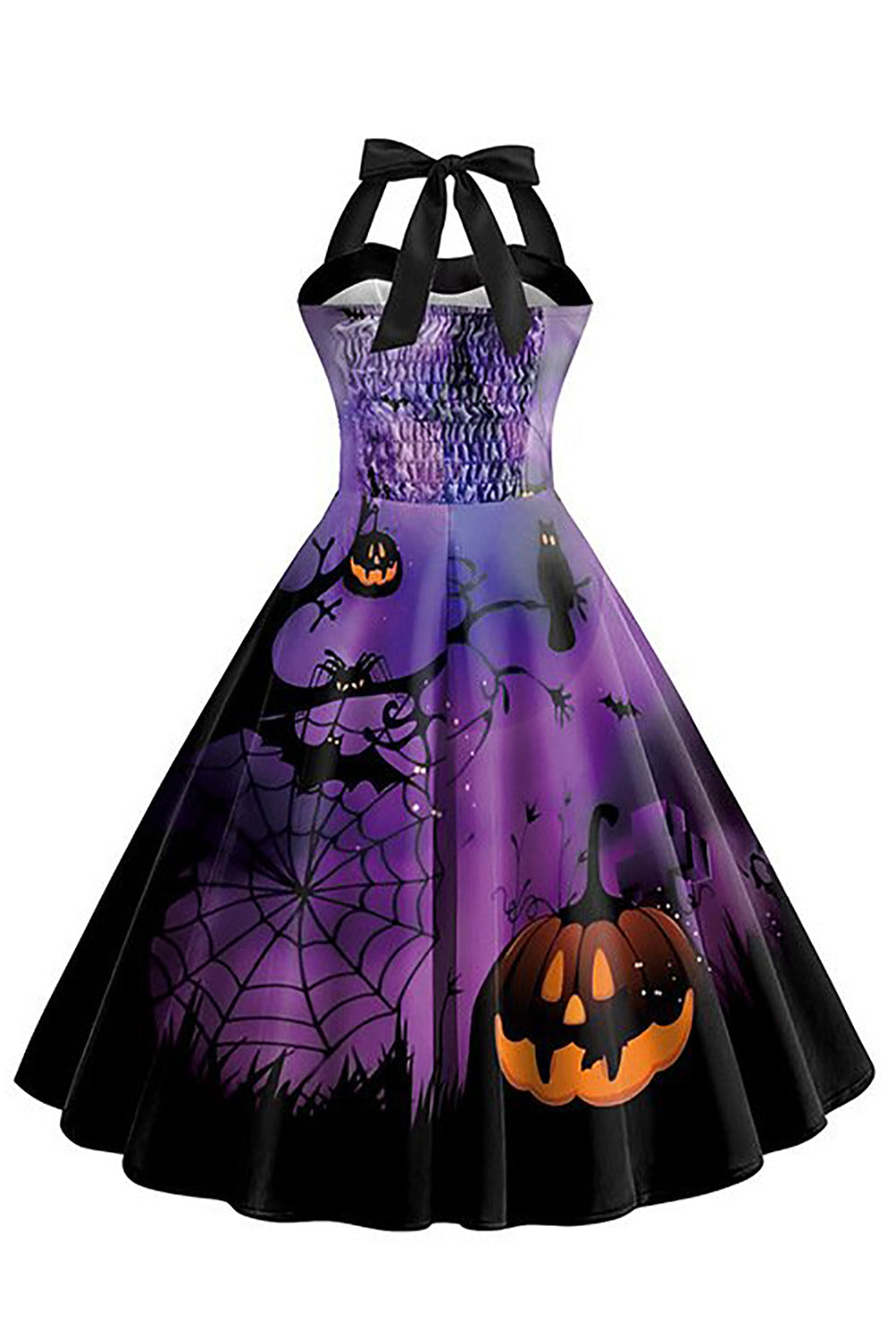 Blaues Vintage Kleid mit Halloween Drucken