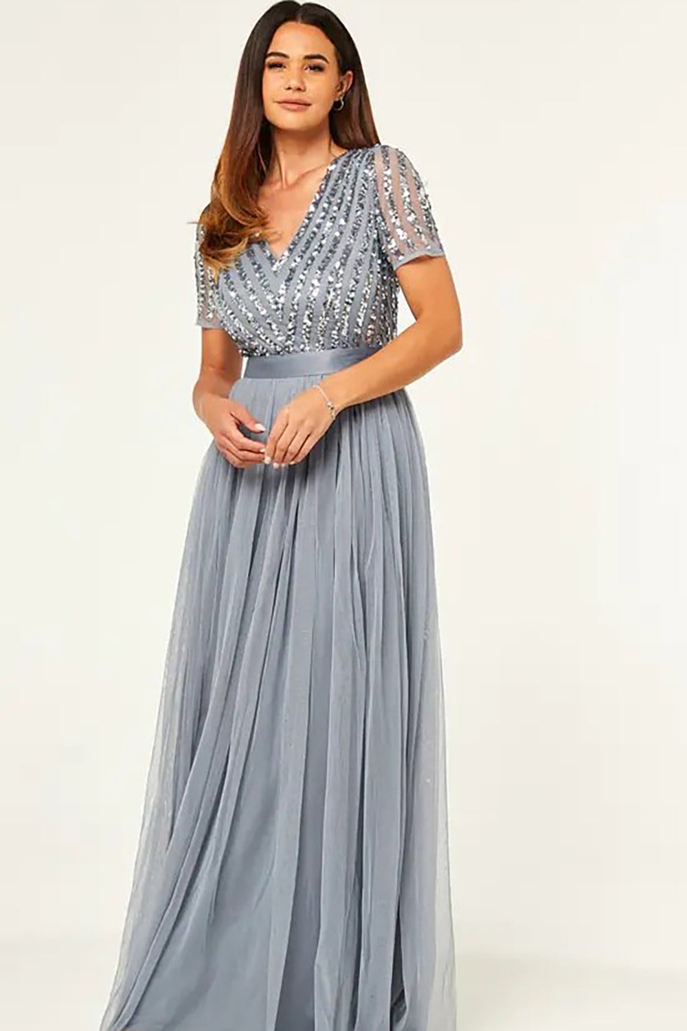 Glitzerndes graues Abendkleid mit V-Ausschnitt und kurzen Ärmeln