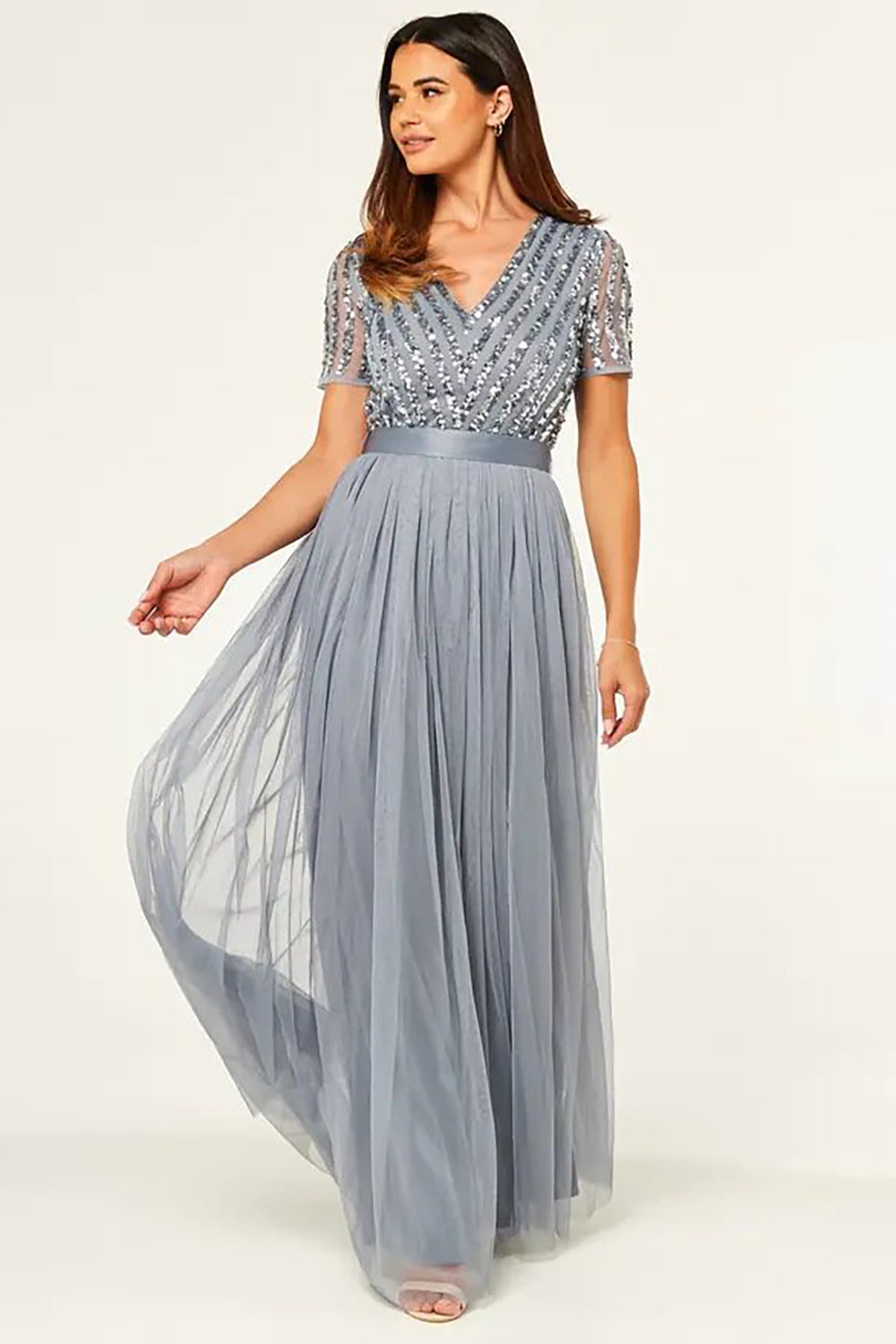 Glitzerndes graues Abendkleid mit V-Ausschnitt und kurzen Ärmeln