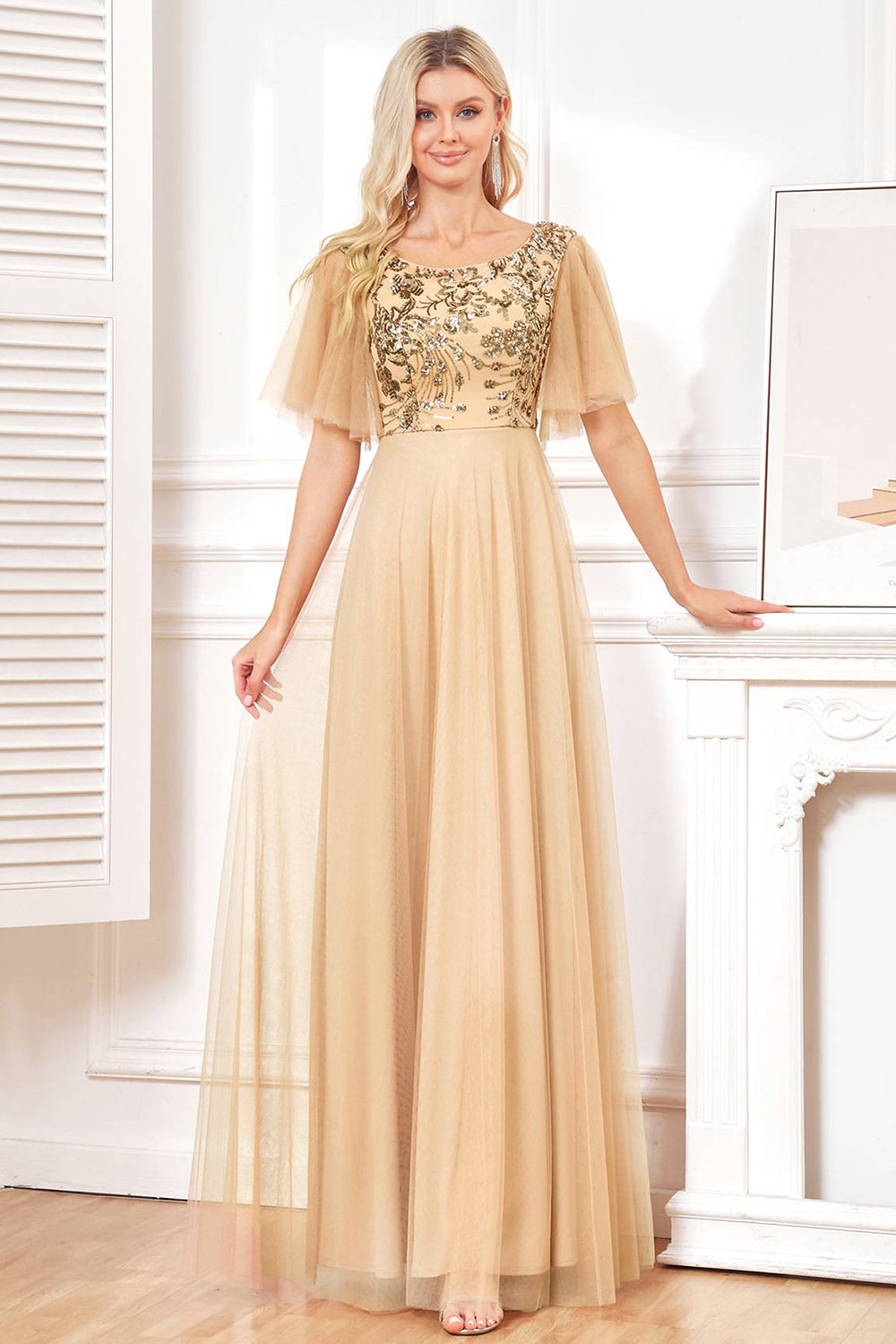 Fledermausärmel A Linie Champagner Abendkleid aus Tüll mit Pailletten