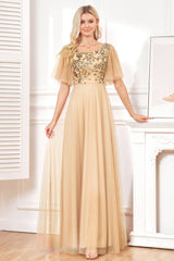 Fledermausärmel A Linie Champagner Abendkleid aus Tüll mit Pailletten