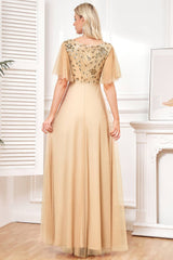 Fledermausärmel A Linie Champagner Abendkleid aus Tüll mit Pailletten