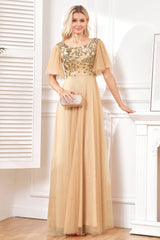Fledermausärmel A Linie Champagner Abendkleid aus Tüll mit Pailletten