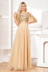 Fledermausärmel A Linie Champagner Abendkleid aus Tüll mit Pailletten
