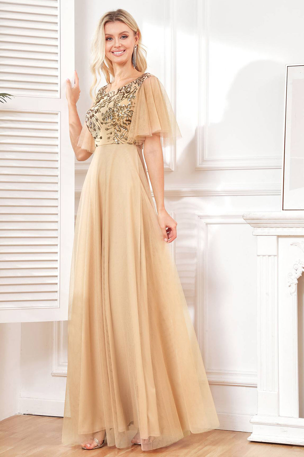 Fledermausärmel A Linie Champagner Abendkleid aus Tüll mit Pailletten