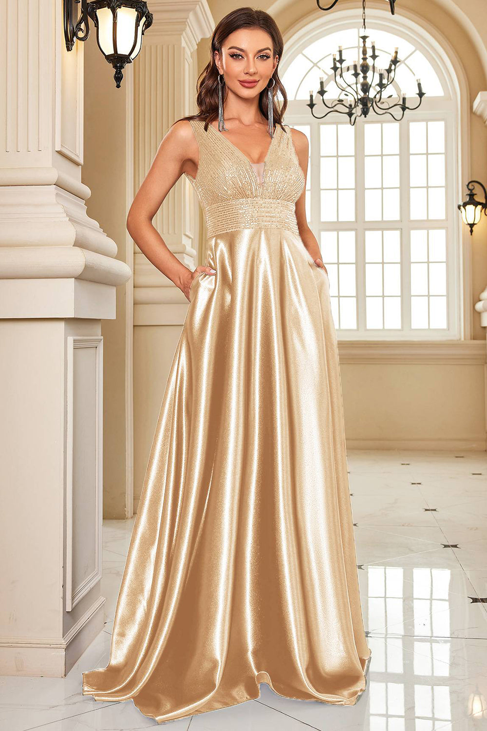 Marineblaues Abendkleid aus Satin in A-Linie mit Pailletten