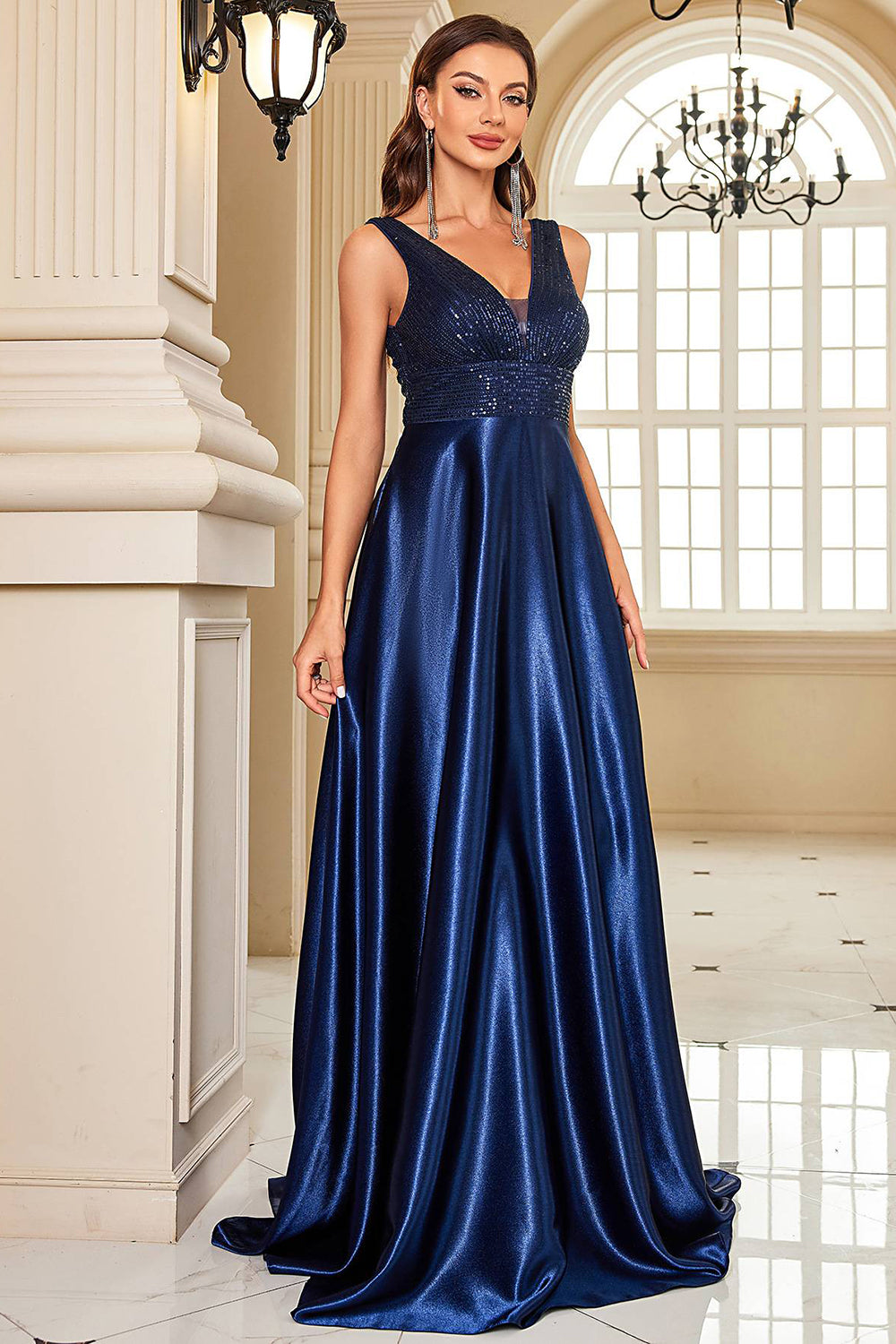 Marineblaues Abendkleid aus Satin in A-Linie mit Pailletten