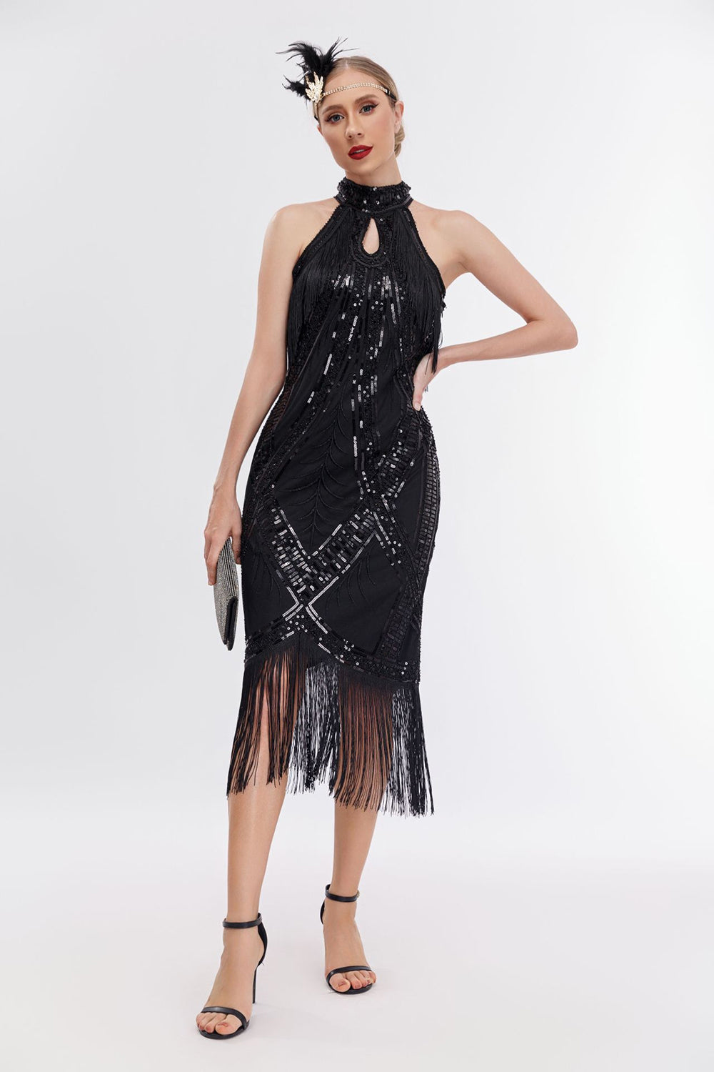 Glitzer Neckholder Fransen Gatsby Kleid mit ärmellos