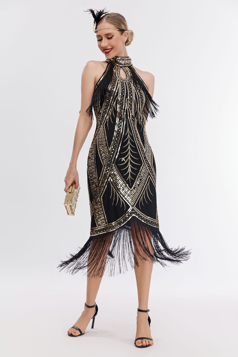 Glitzer Neckholder Fransen Gatsby Kleid mit ärmellos