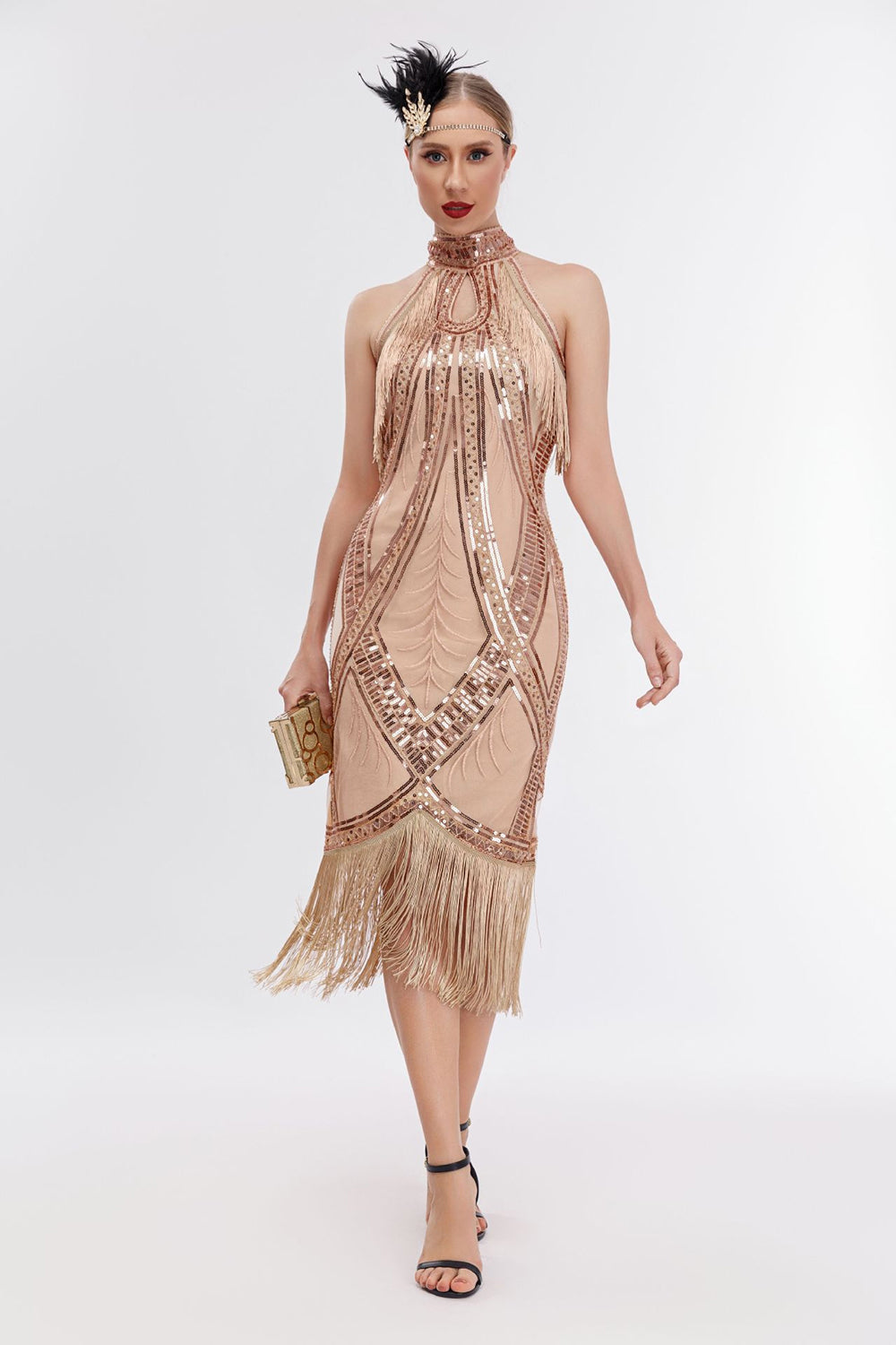 Glitzer Neckholder Fransen Gatsby Kleid mit ärmellos