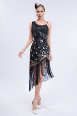 Asymmetrisches schwarzes Glitzerkleid aus den 1920er Jahren mit Fransen
