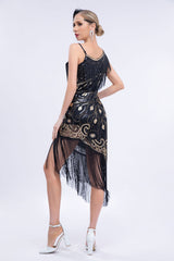 Asymmetrisches schwarzes Glitzerkleid aus den 1920er Jahren mit Fransen