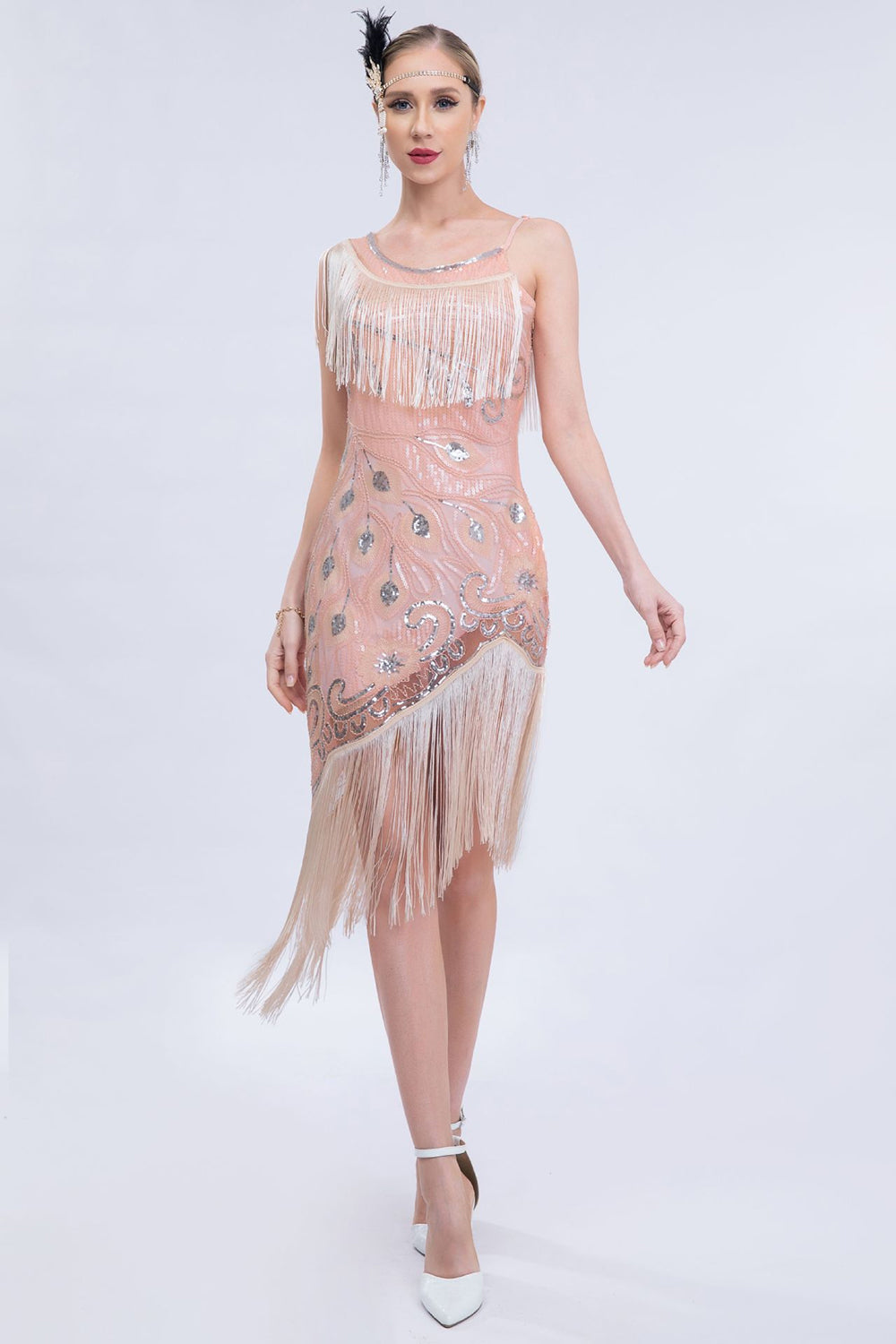 Funkelnd Blush Asymmetrisches Paillettenkleid mit Fransen aus den 1920er Jahren und Accessoires