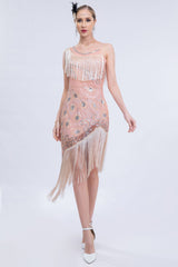Funkelnd Blush Asymmetrisches Paillettenkleid mit Fransen aus den 1920er Jahren und Accessoires