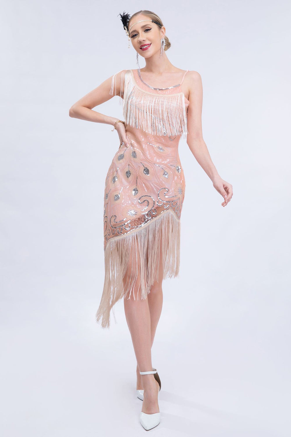 Asymmetrisches schwarzes Glitzerkleid aus den 1920er Jahren mit Fransen