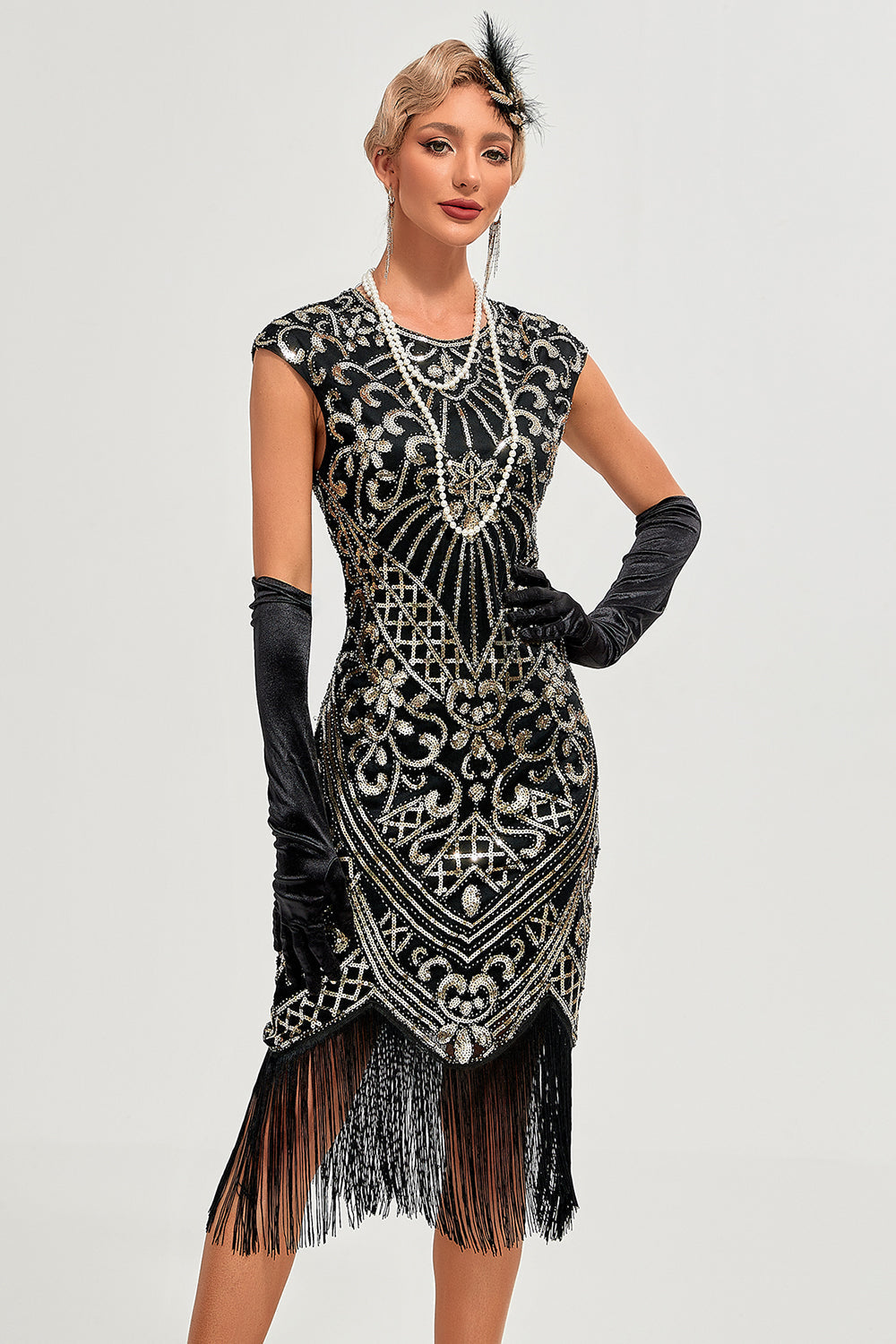 Glitzerndes schwarzes perlenbesetztes Gatsby Kleid mit Fransen aus den 1920er Jahren
