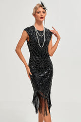 Glitzerndes schwarzes perlenbesetztes Gatsby Kleid mit Fransen aus den 1920er Jahren