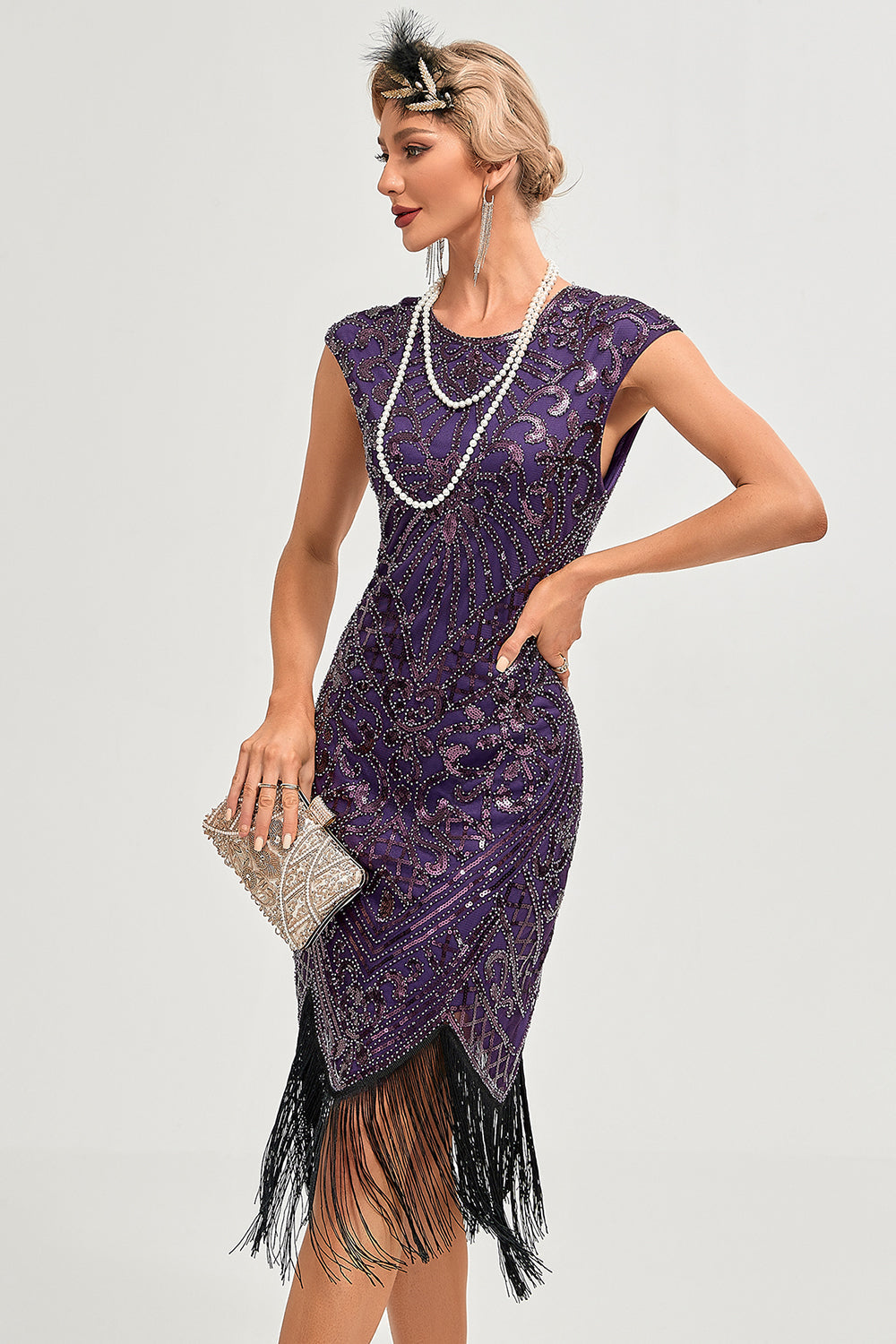 Glitzerndes schwarzes perlenbesetztes Gatsby Kleid mit Fransen aus den 1920er Jahren