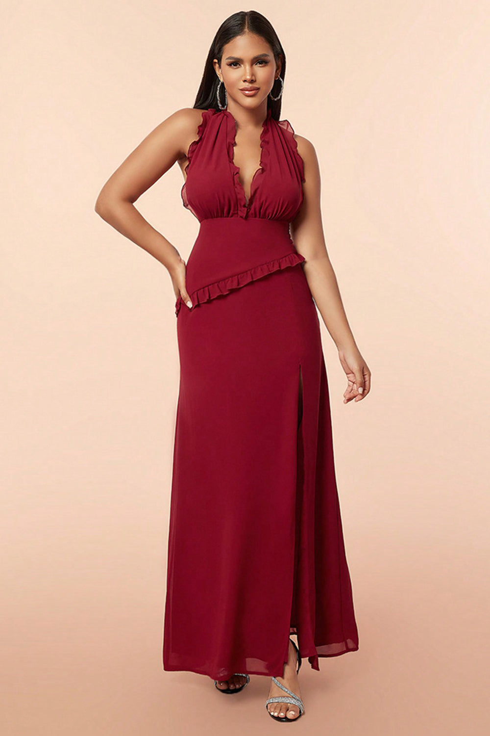 Burgunderrotes Neckholder Rüschen Ballkleid mit Schlitz