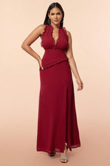 Burgunderrotes Neckholder Rüschen Ballkleid mit Schlitz
