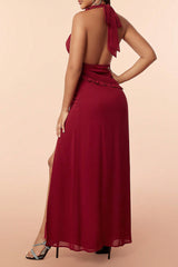 Burgunderrotes Neckholder Rüschen Ballkleid mit Schlitz