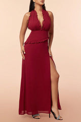 Burgunderrotes Neckholder Rüschen Ballkleid mit Schlitz