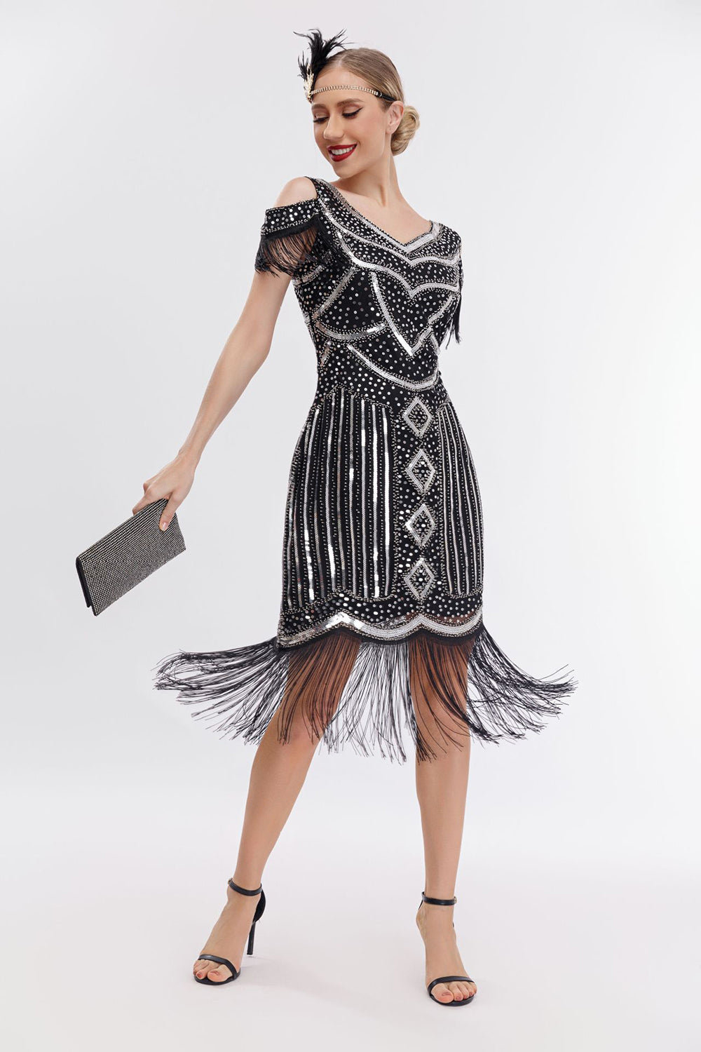 Schwarzes goldenes fransen Gatsby Kleid mit kalten Schulter aus den 1920er Jahren