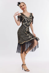 Schwarzes goldenes fransen Gatsby Kleid mit kalten Schulter aus den 1920er Jahren