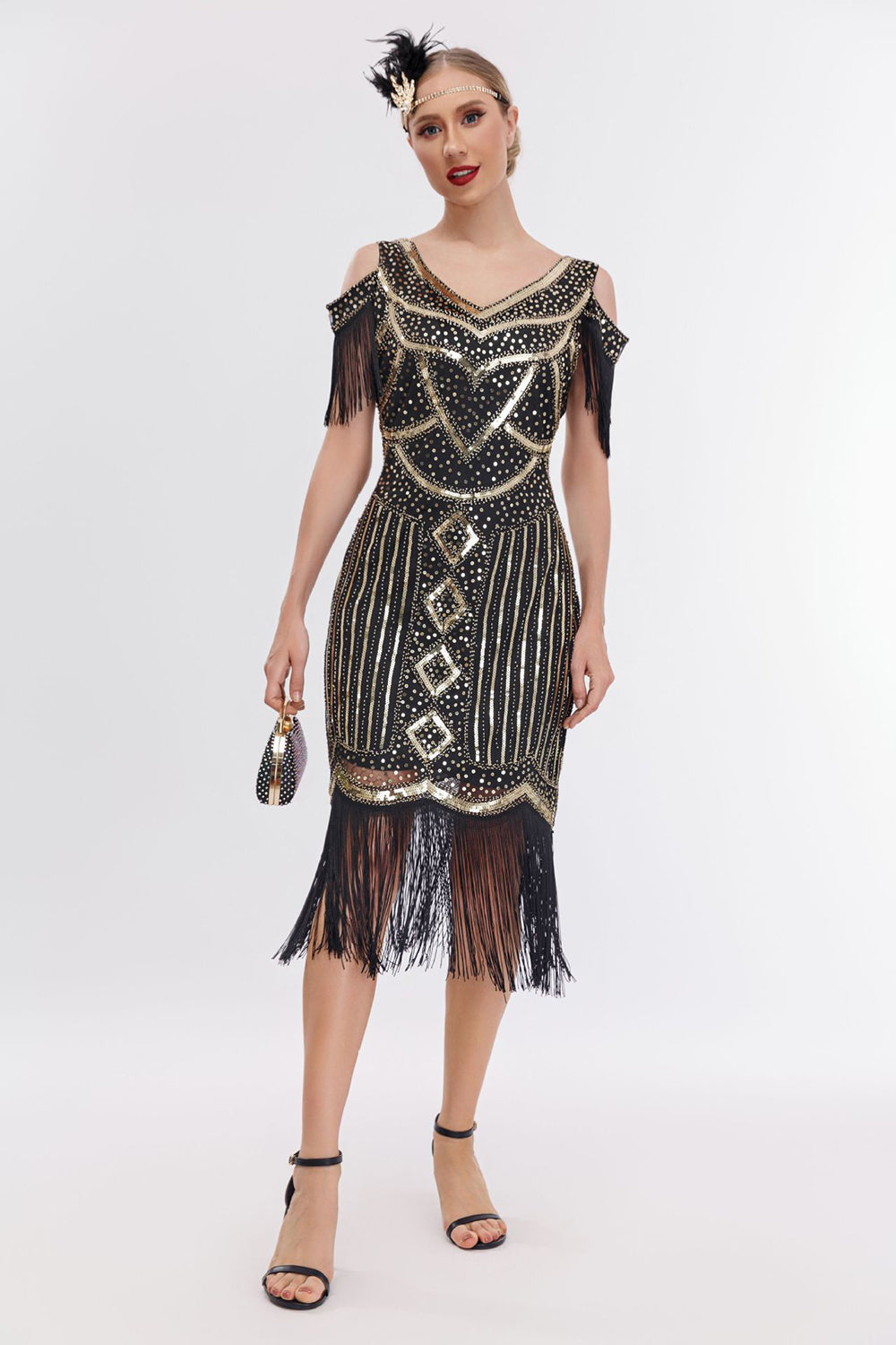Schwarzes goldenes fransen Gatsby Kleid mit kalten Schulter aus den 1920er Jahren