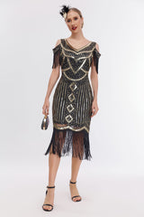 Schwarzes goldenes fransen Gatsby Kleid mit kalten Schulter aus den 1920er Jahren