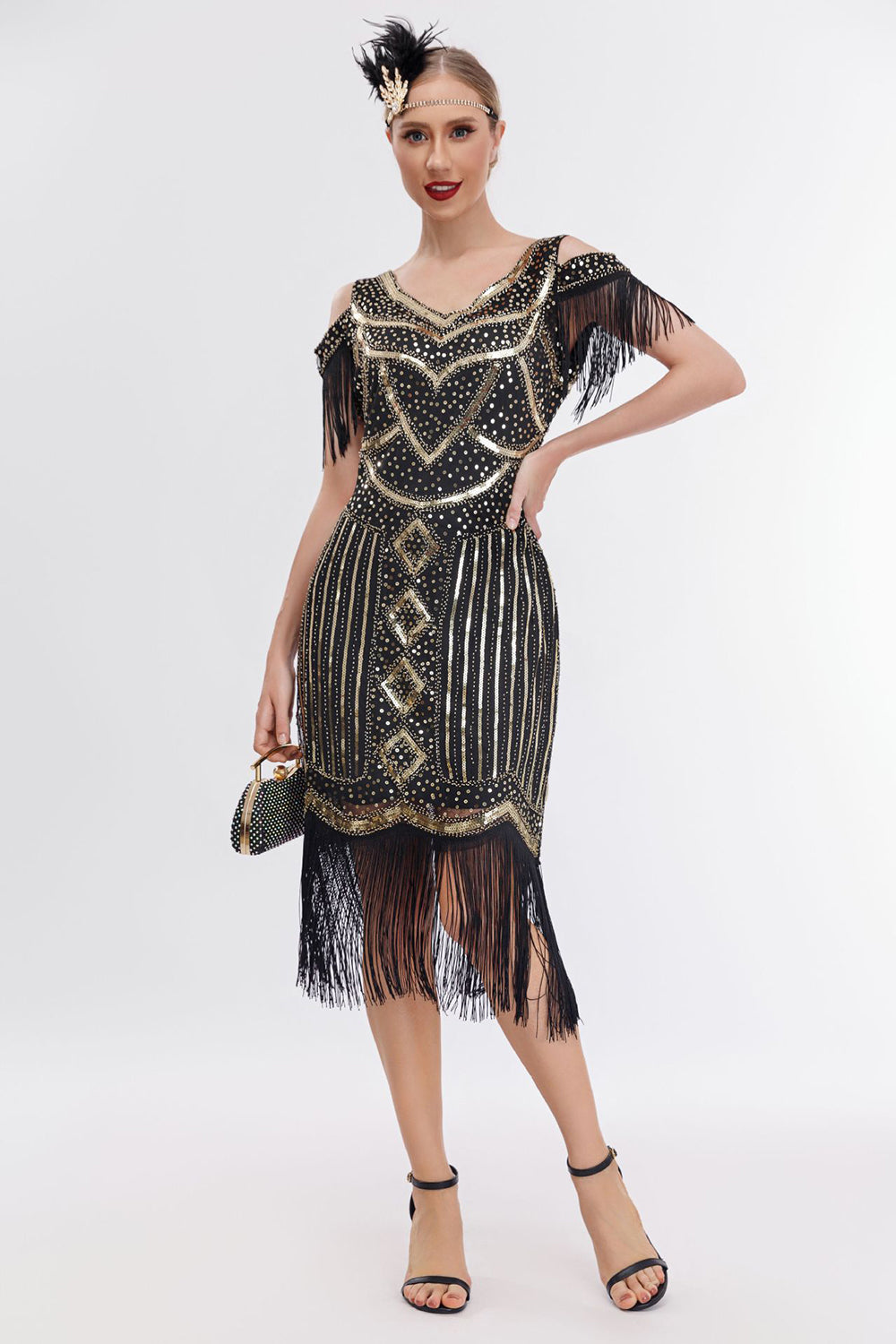 Schwarzes goldenes fransen Gatsby Kleid mit kalten Schulter aus den 1920er Jahren