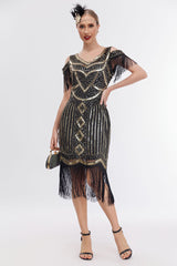 Schwarzes goldenes fransen Gatsby Kleid mit kalten Schulter aus den 1920er Jahren