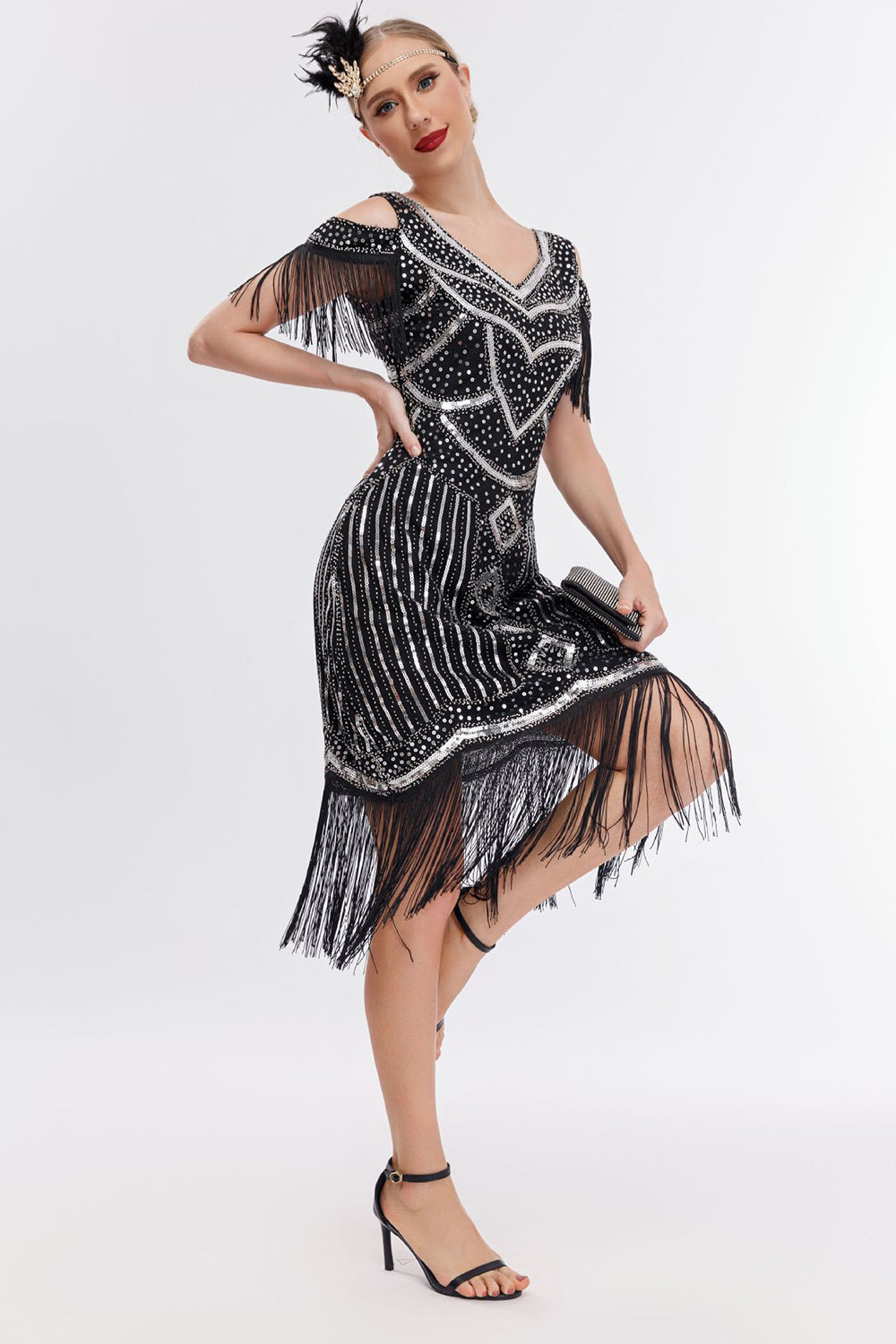 Schwarzes goldenes fransen Gatsby Kleid mit kalten Schulter aus den 1920er Jahren