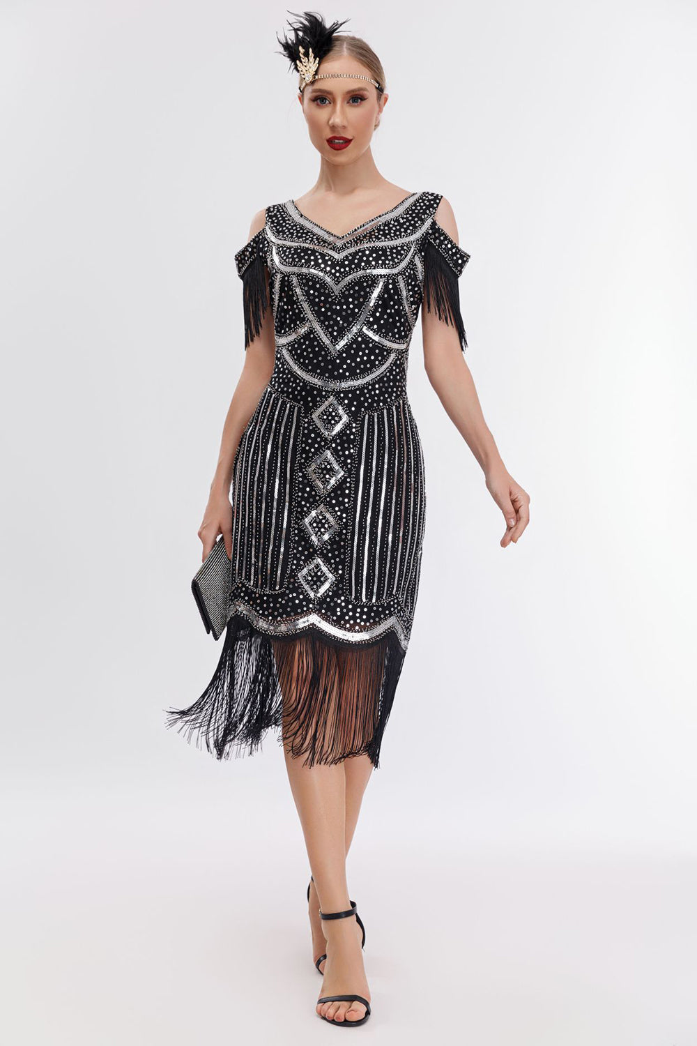 Schwarzes goldenes fransen Gatsby Kleid mit kalten Schulter aus den 1920er Jahren