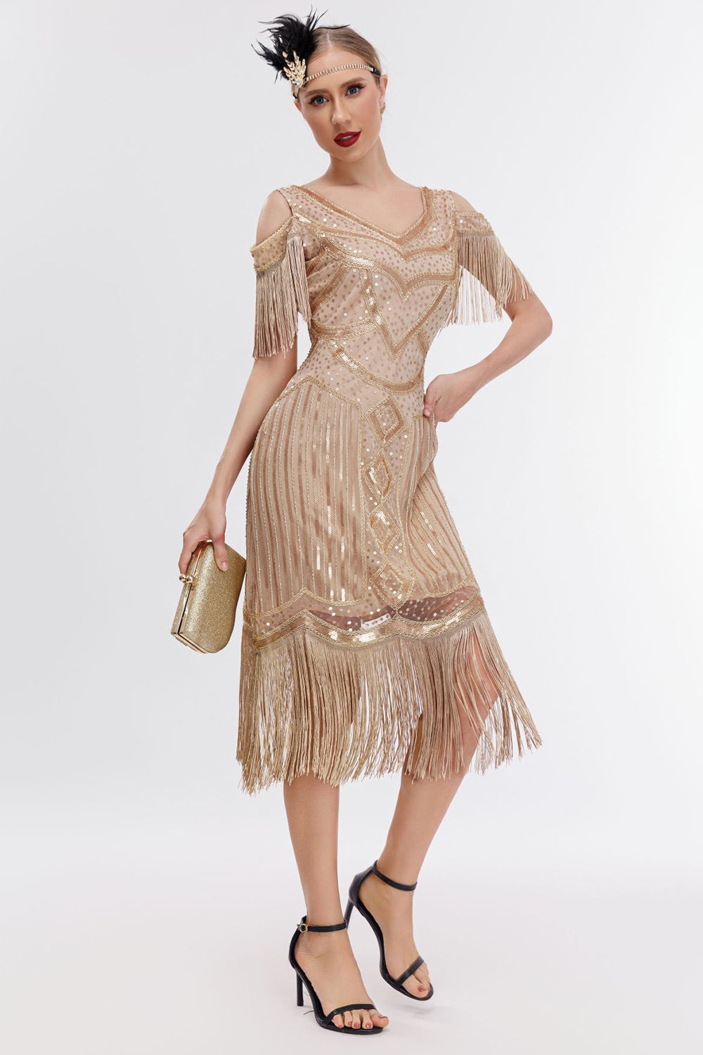 Schwarzes goldenes fransen Gatsby Kleid mit kalten Schulter aus den 1920er Jahren