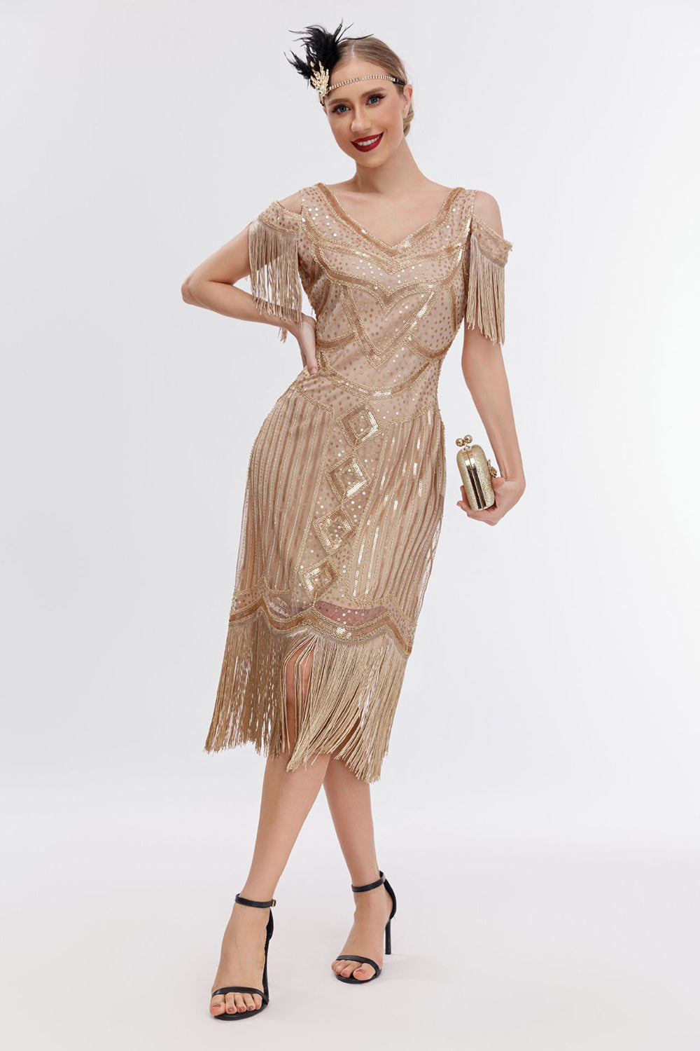 Schwarzes goldenes fransen Gatsby Kleid mit kalten Schulter aus den 1920er Jahren