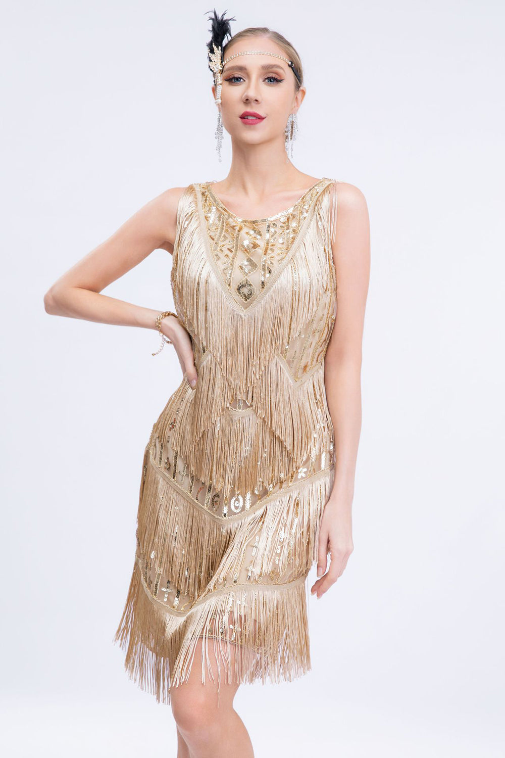 Schwarzes Pailletten Gatsby Kleid mit Fransen aus den 1920er Jahren