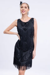 Schwarzes Pailletten Gatsby Kleid mit Fransen aus den 1920er Jahren