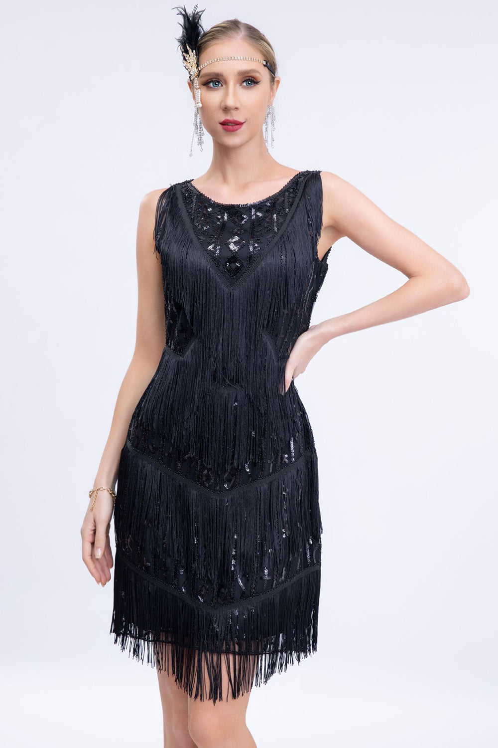 Schwarzes Pailletten Gatsby Kleid mit Fransen aus den 1920er Jahren