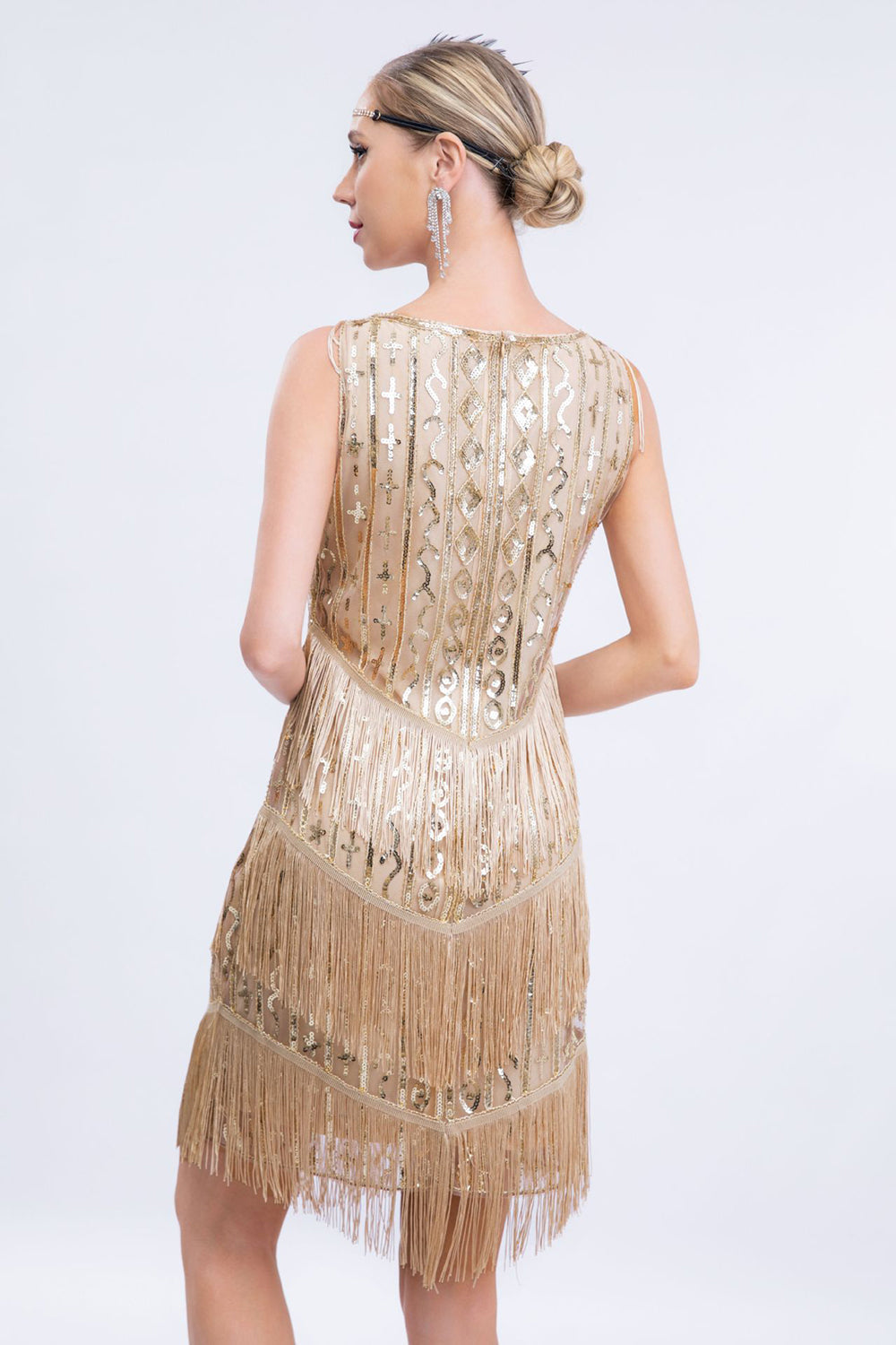 Schwarzes Pailletten Gatsby Kleid mit Fransen aus den 1920er Jahren