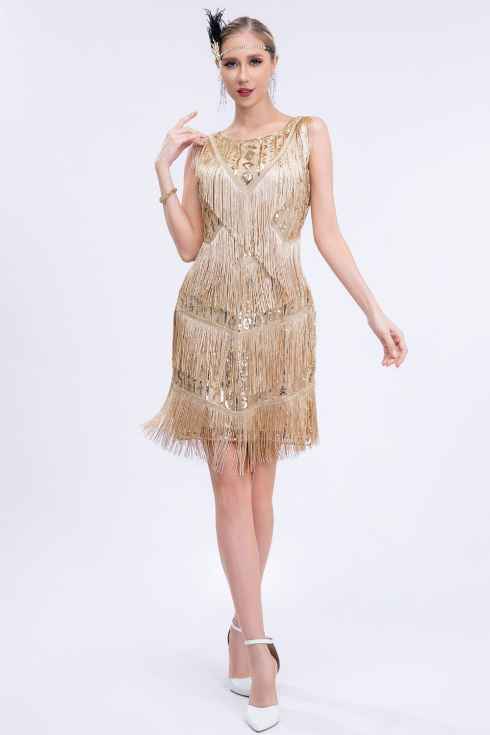 Schwarzes Pailletten Gatsby Kleid mit Fransen aus den 1920er Jahren