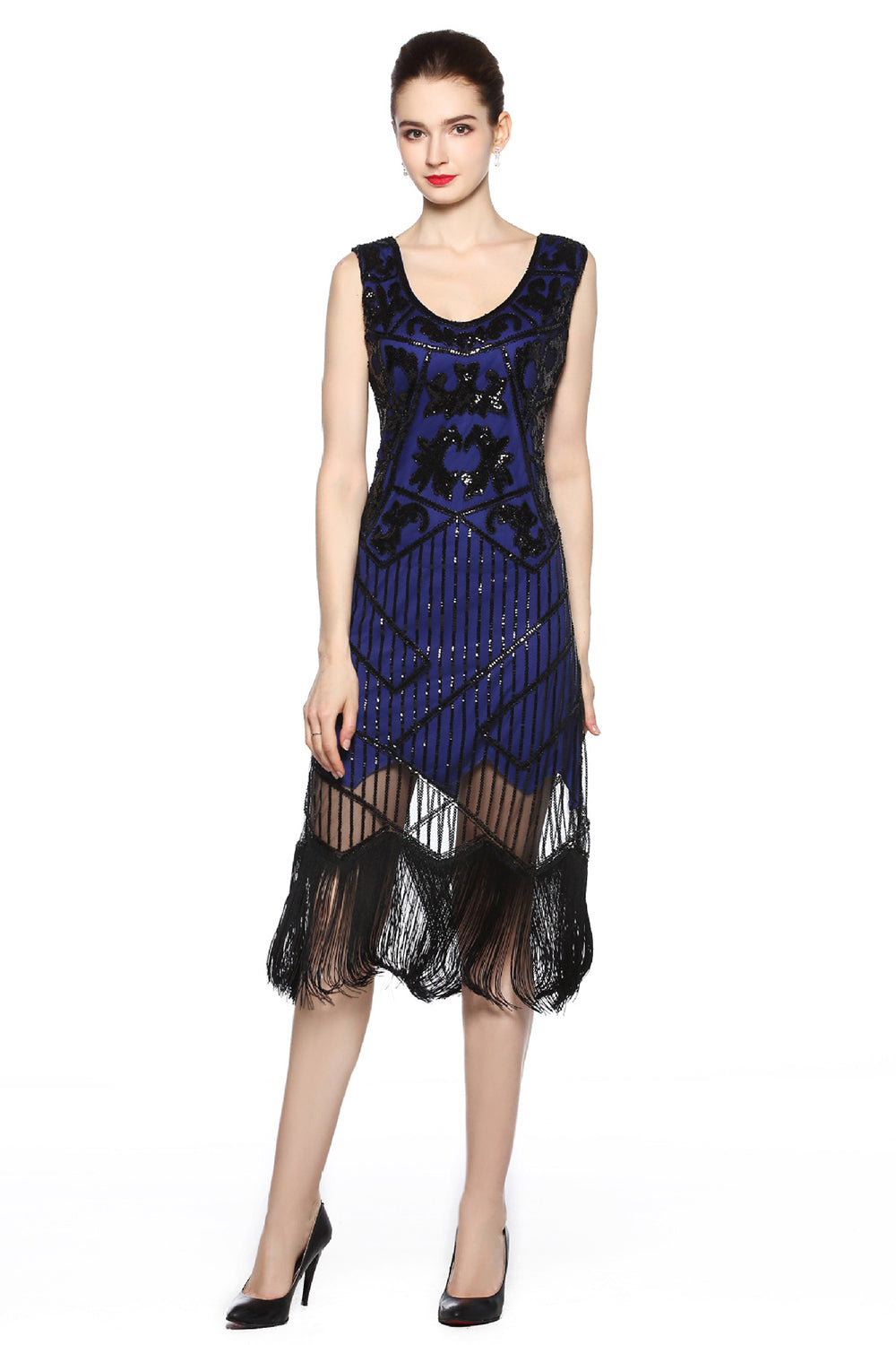 Glitzerndes schwarzes goldenes Fransen Flapper Kleid