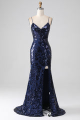 Pailletten Meerjungfrauen Spaghettiträger Ballkleid mit Schlitz