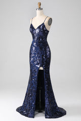 Pailletten Meerjungfrauen Spaghettiträger Ballkleid mit Schlitz