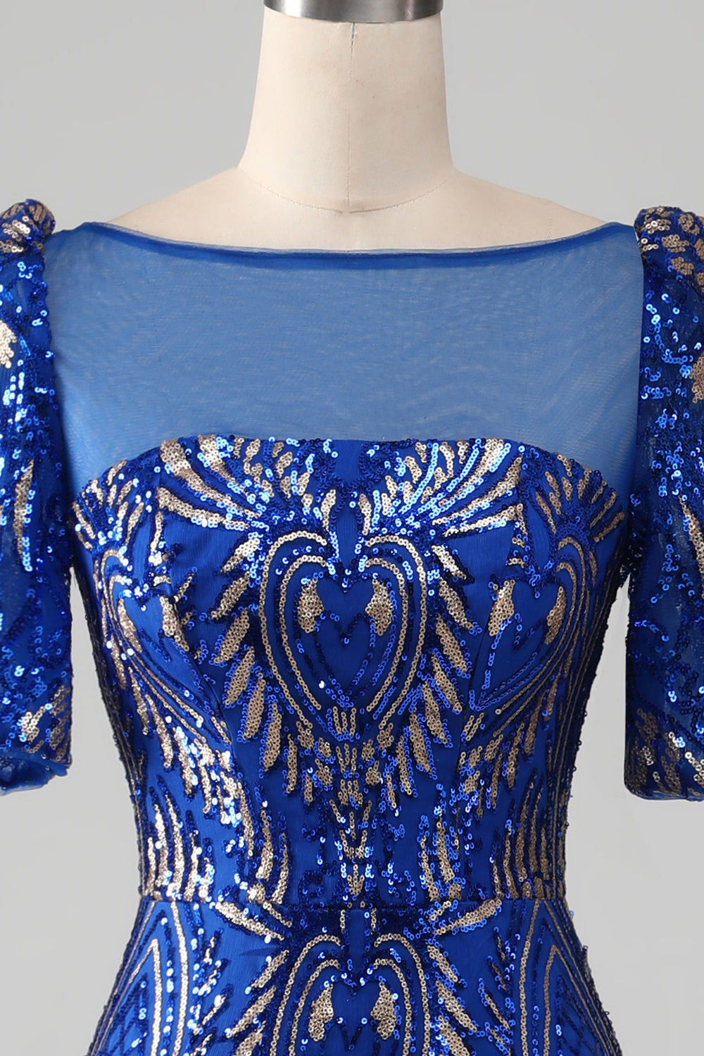Meerjungfrau Königsblaues glitzerndes Ballkleid mit kurzen Ärmeln